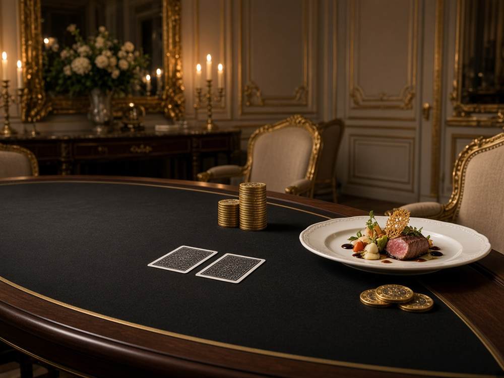 Table de blackjack à côté d'une assiette de dégustation