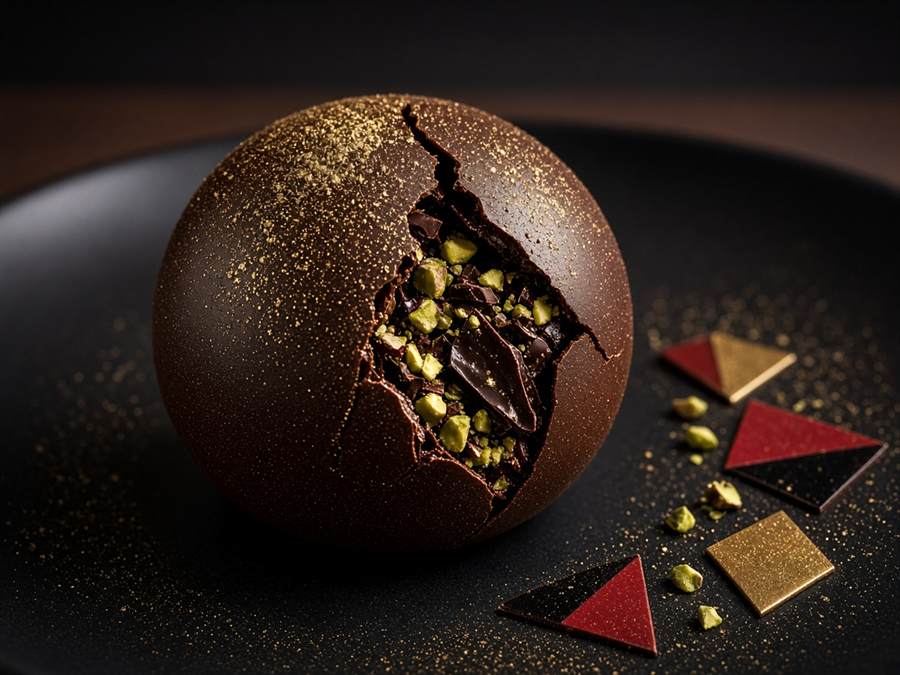 Sphère de chocolat dorée à la pistache