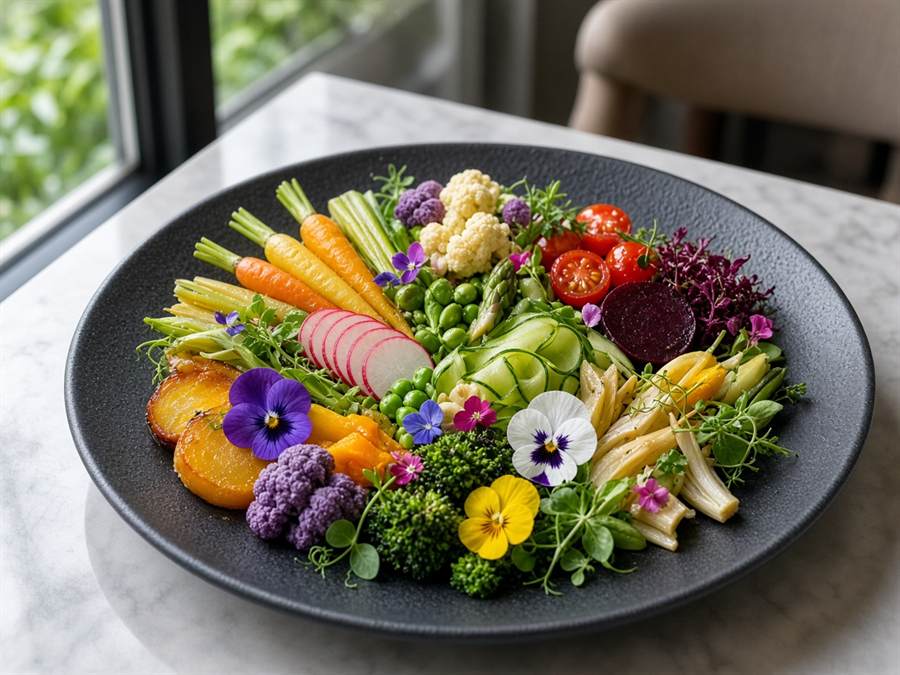 Assiette de légumes de saison en mosaïque